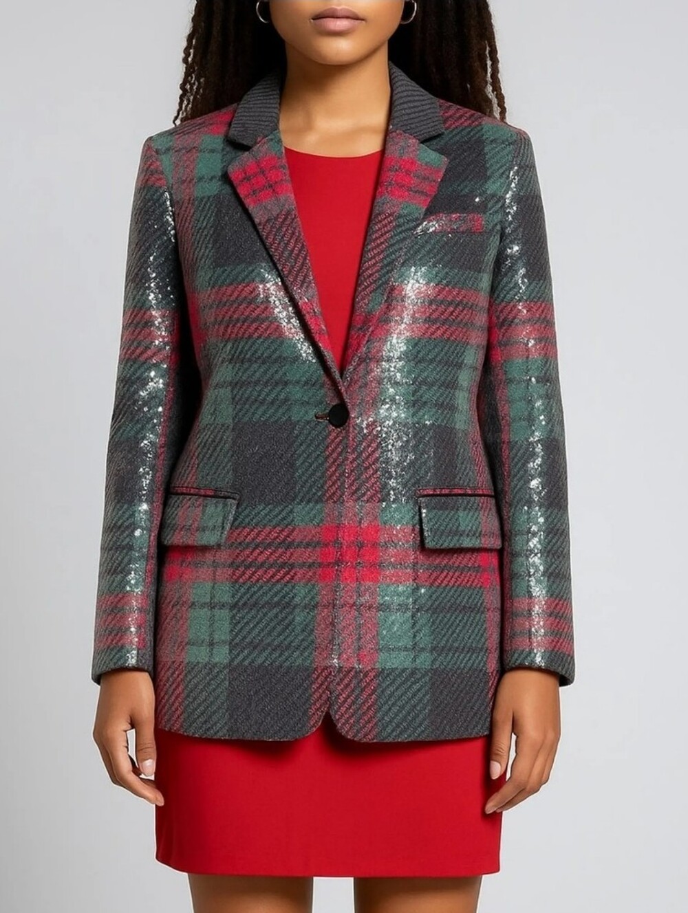 NWT Johnny Wujeck For JCPenny Sequined Plaid Single-Button Blazer in Red & Green